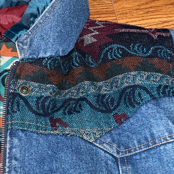 Vintage 90s Aztec Southwest Boho Oversized Denim Lined Outbrook Womens L Coat - Picture 5 of 13